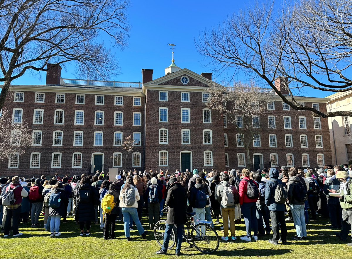 A crowd of Brown University students outside