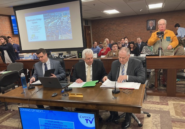 Peter Alviti (center) at the witness table in Room 35 at the Rhode Island Statehouse.