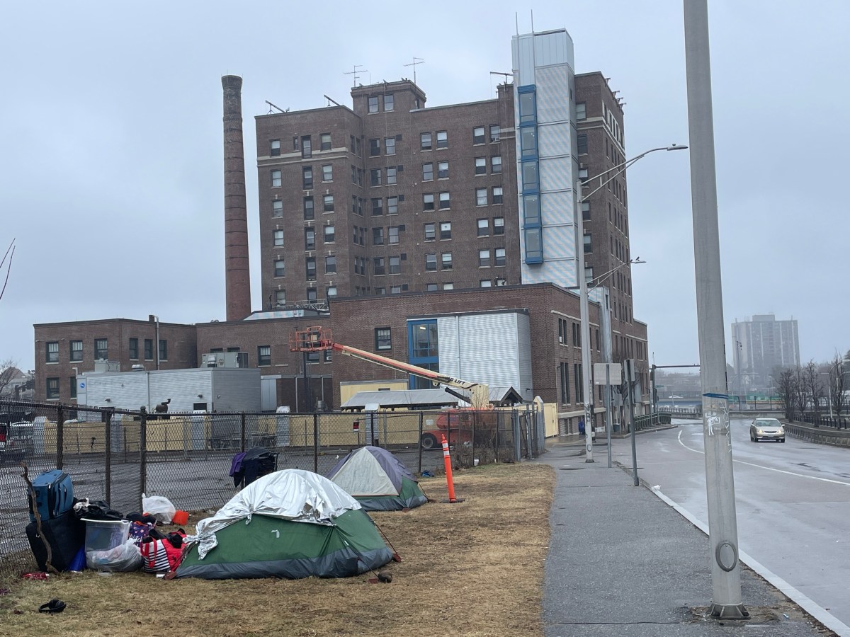 Tents pitched outside the Crossroads Rhode Island shelter on Broad Street in Providence, Rhode Island.