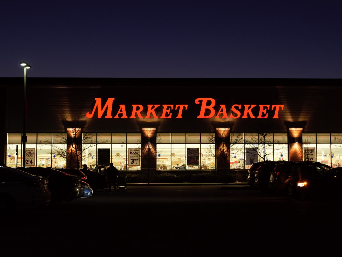 Market Basket's New Bedford store seen at night.