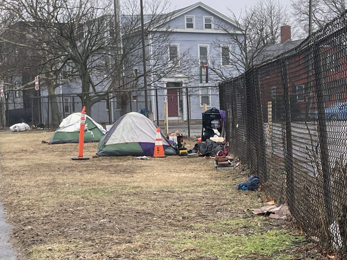 Tents pitched off the side of the road in Providence, Rhode Island.