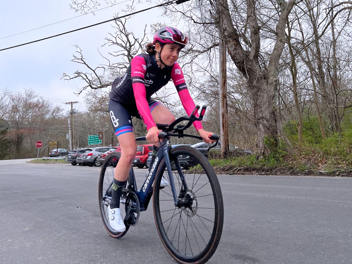 Providence’s Betty Hasse rides her bike in West Kingston in early May.