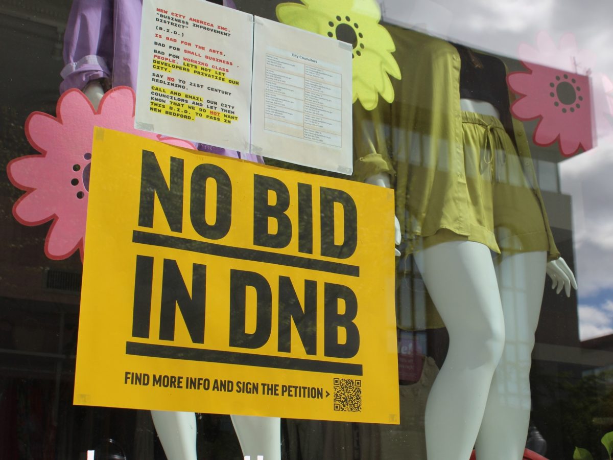 A sign opposing the BID hangs in a shop window.