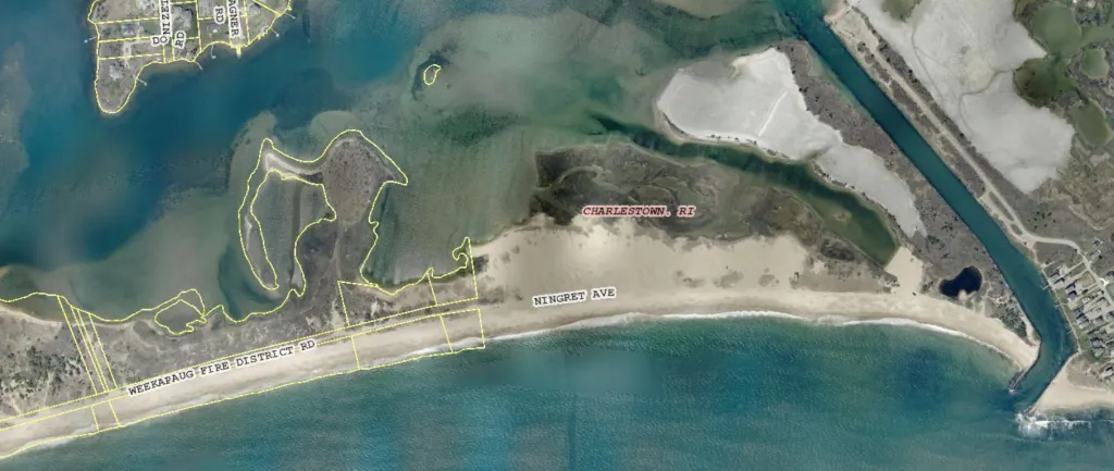 A map shows an aerial view of the Sand Trail on the Quonochontaug Barrier Beach. Land at the breachway is owned by the state of Rhode Island.