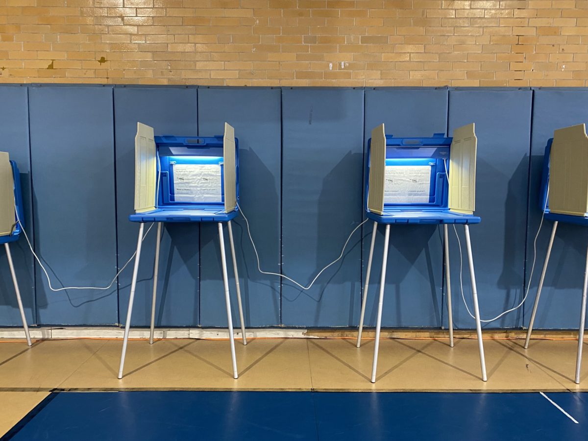 Two blue voting booths stand side by side.